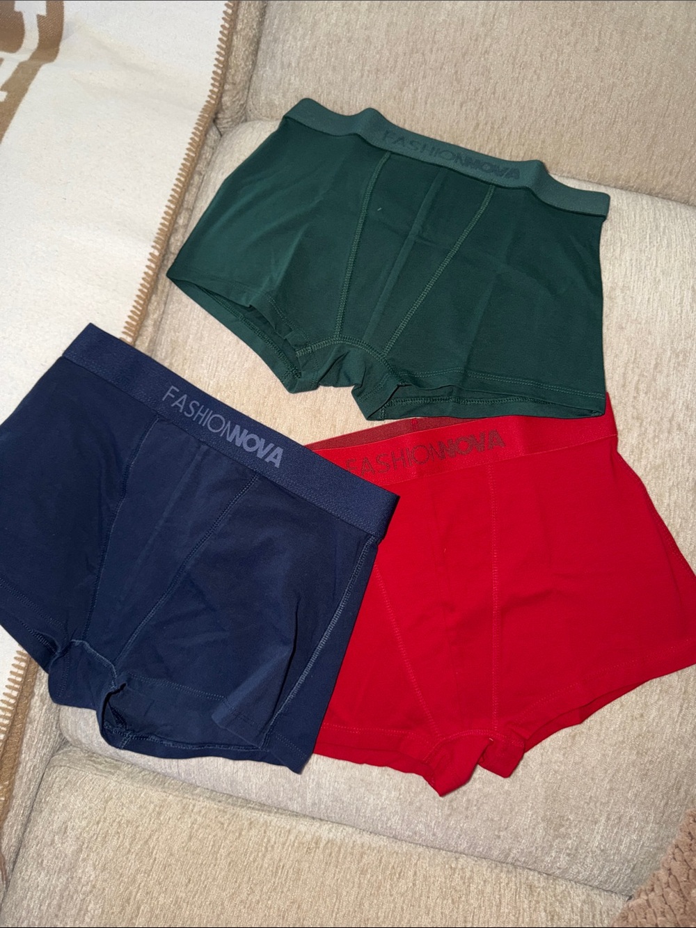 Fashion Nova women’s Boxer Briefs - Red, Navy, Forest Green (3-Pack)